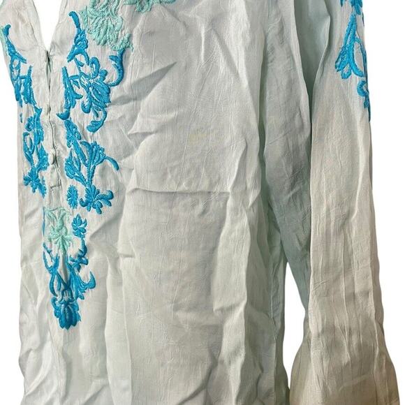 Johnny Was Womens Sheer Blue Floral Embroidered V-Neck Tunic Top Shirt Beachy M - Picture 9 of 16
